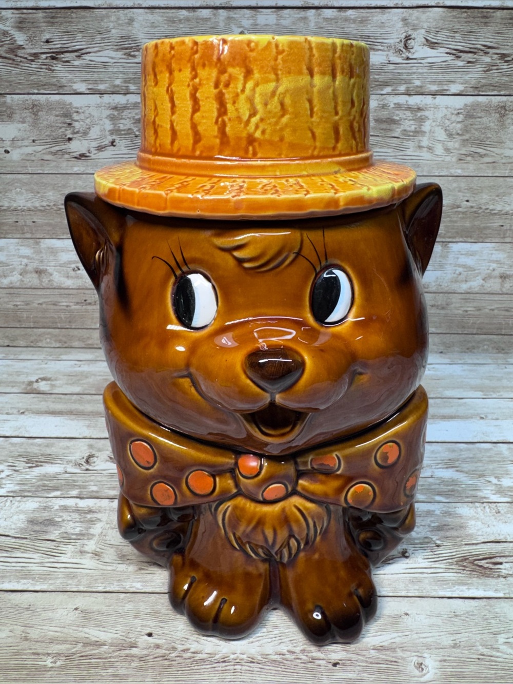 Brinn’s Whimsical Vintage Japan Top Hat Cat Cookie Jar Brown Ceramic *see photo